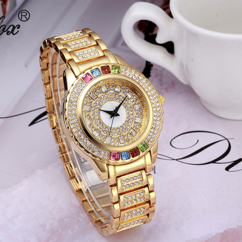 Relógio feminino casual de alta qualidade com pulseira de aço e diamante colorido à prova d'água_voghion.com