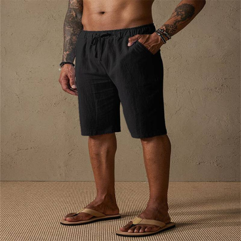 Herren Sommer-Strandshorts aus Leinen-Baumwolle mit Kordelzug, lässig, atmungsaktiv, entspannte Passform, elastischer Bund, mehrere Taschen_voghion.com