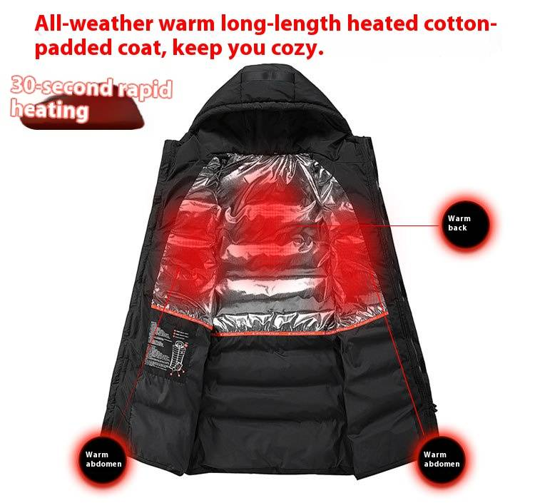 Cappotto invernale riscaldato tramite USB per uomo - Giacca lunga in piumino spesso con riscaldamento elettrico, caldo cappotto da sci per il freddo, elegante e confortevole_voghion.com