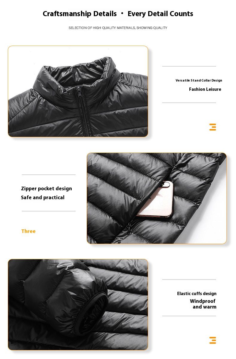Men's Lightweight Down Jacket, Short Puffer Coat With Stand Collar, 50% White Duck Down, 600 Fill Power, Slim Fit, Windproof Winter Casual Outerwear_voghion.com