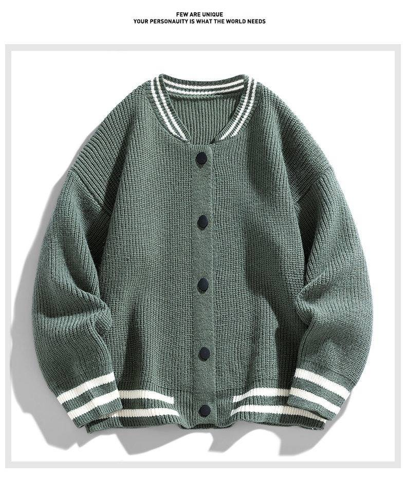 Strickjacke mit Baseballkragen – Übergroßer Strickpullover mit Jacquard-Design für Männer und Frauen (Grau, Schwarz, Armeegrün)_voghion.com