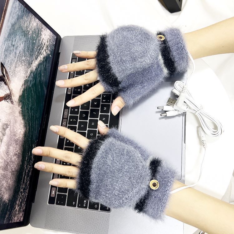 Heating Gloves Children's USB half-finger flip over electric gloves Student's extra thick mink velvet thermal gloves_voghion.com