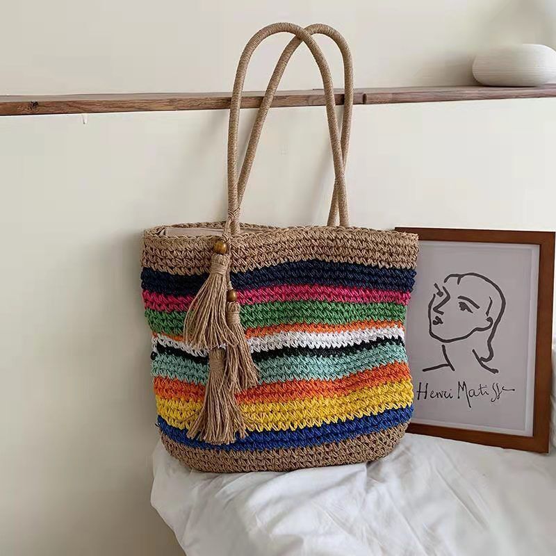 Borsa a tracolla singola in paglia intrecciata a sette colori Shengjie Craft, nuova da donna_voghion.com