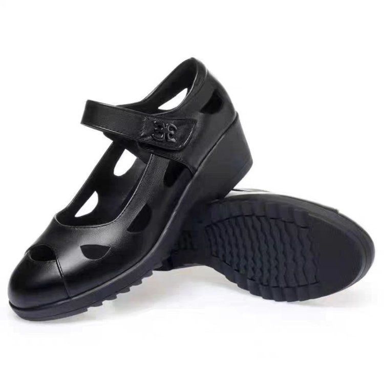 Sandali da donna in morbida pelle, traspiranti, resistenti all'usura, con zeppa, chiusura a velcro, suola morbida, scarpe da donna di medie dimensioni con fori Mary Jane_voghion.com