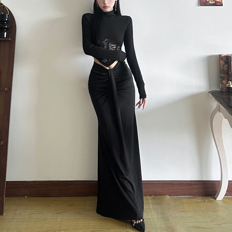 Wind 2024 Herbst Neue Damen Hoher Kragen Spitze Hohl Top Slim Fit Hüfte Wrapping Halbkörper Langes Kleid_voghion.com