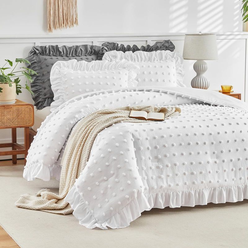 Set copripiumino matrimoniale traspirante con volant e ricami a pois bianchi, set di biancheria da letto per tutte le stagioni, 3 pezzi, in alternativa al piumino._voghion.com