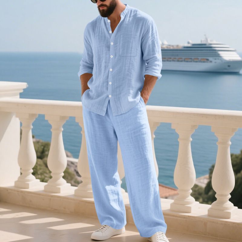 Camicia Henry a maniche lunghe, comoda e traspirante, in lino autunnale, da uomo, per la casa e la spiaggia_voghion.com