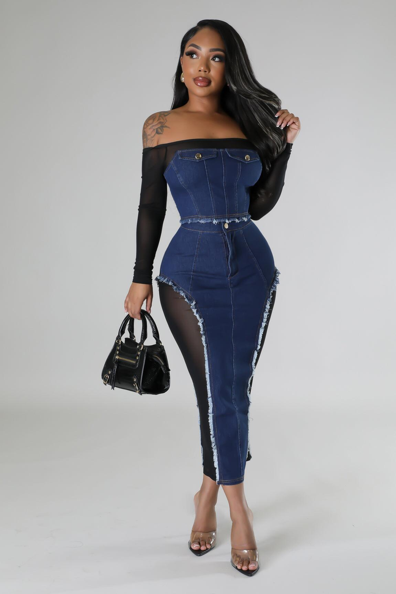 Conjunto de dos piezas de falda de pecho transparente con costura vaquera de gasa a la moda para mujer_voghion.com
