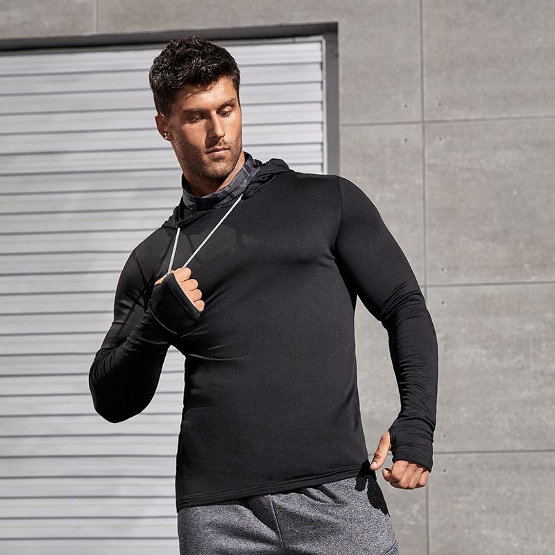 Maglietta fitness con cappuccio da uomo 2025, tinta unita, sportiva, casual, a maniche lunghe, traspirante e anti-sudore_voghion.com