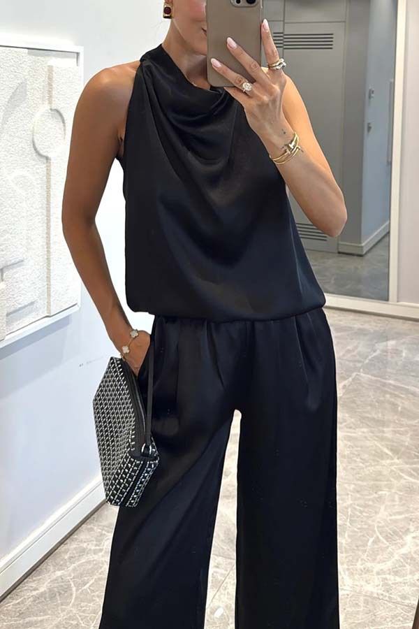 Completo da donna con pantaloni larghi e senza maniche in raso - Completo casual da due pezzi per le vacanze estive e l'uso quotidiano (colori multipli)_voghion.com