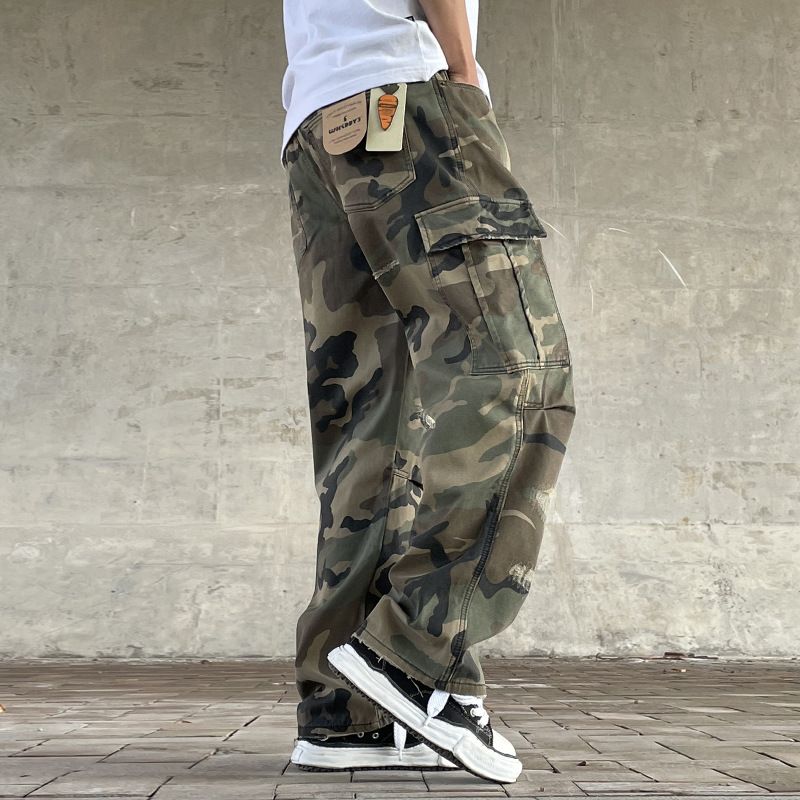 Vintage Streetwear Camo Cargo Pants For Men – Distressed Washed Denim With Handmade Patches & Ripped Details_voghion.com