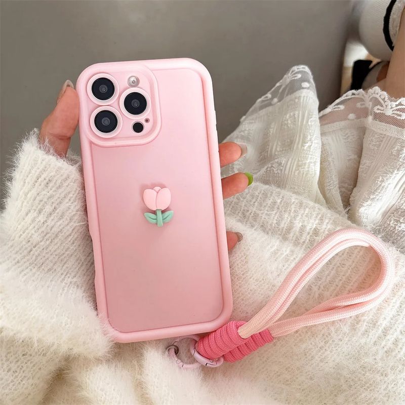 3D Cute Tulip Flower Lanyard Rope Phone Case For IPhone 17 16 15 14 13 12 11 Pro Max 16E X XS XR 7 8 Plus Silicone Soft Cover_voghion.com