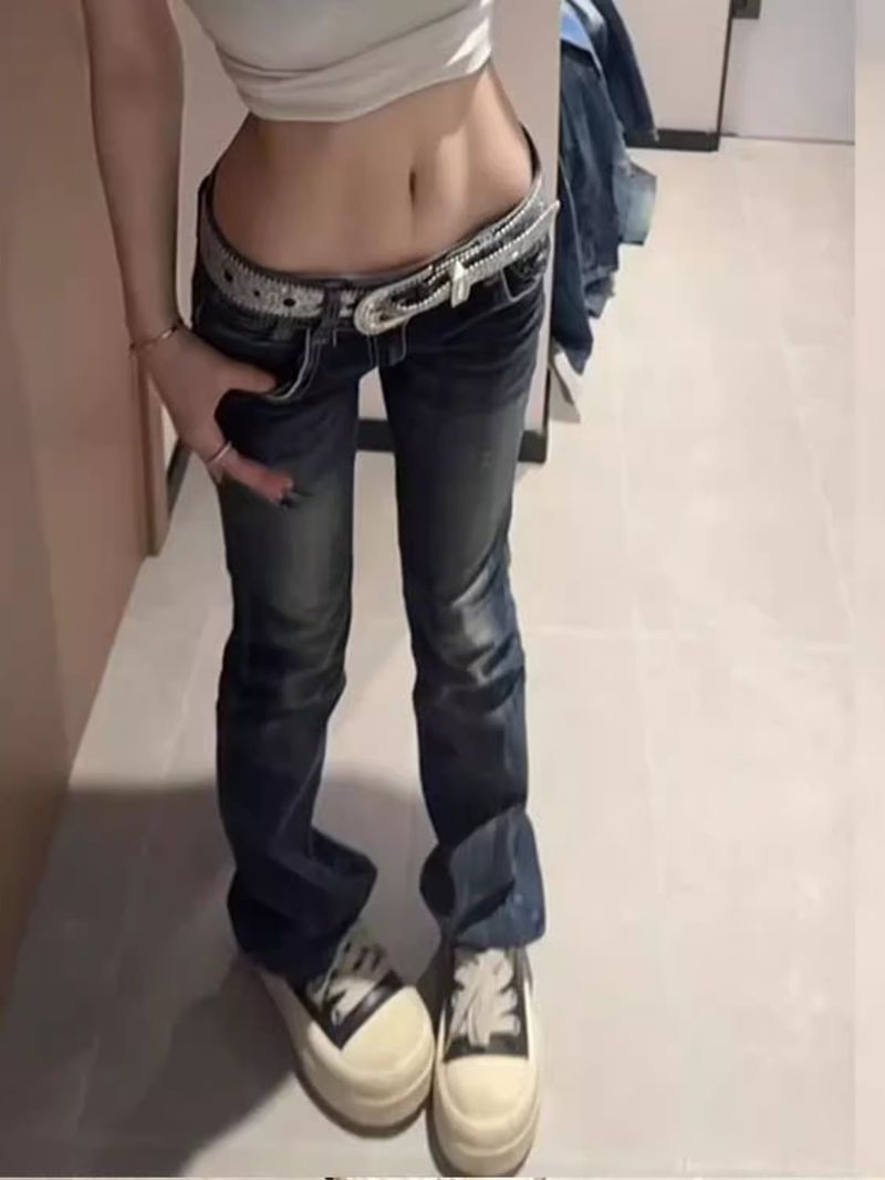 Jeans da donna a gamba dritta, a vita bassa con ricamo ad ala - Pantaloni svasati elasticizzati e aderenti per un abbigliamento casual da strada_voghion.com