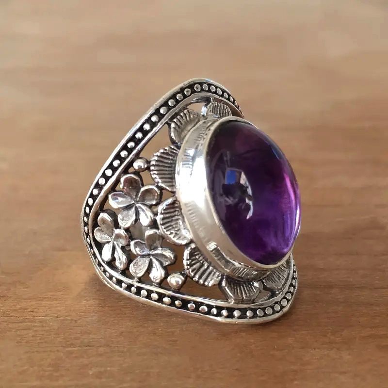 Cao Shi Moonstone Bohemian Carved Edge Vintage Style Flower Palace Index Finger Ring_voghion.com