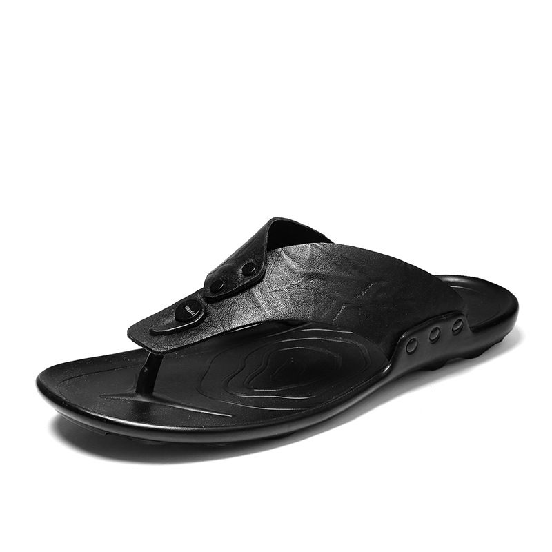 Large Size Herringbone Men, Youth Trend Beach Shoes, Soft Soled Rivet Toe Sandals, Wearing Cowhide Slippers On The_voghion.com