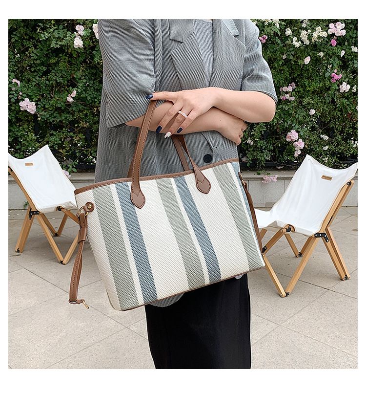 Borsa da donna in tela per mamma e bambino, nuova borsa a tracolla di grande capacità, borsa a tracolla a righe in tela._voghion.com