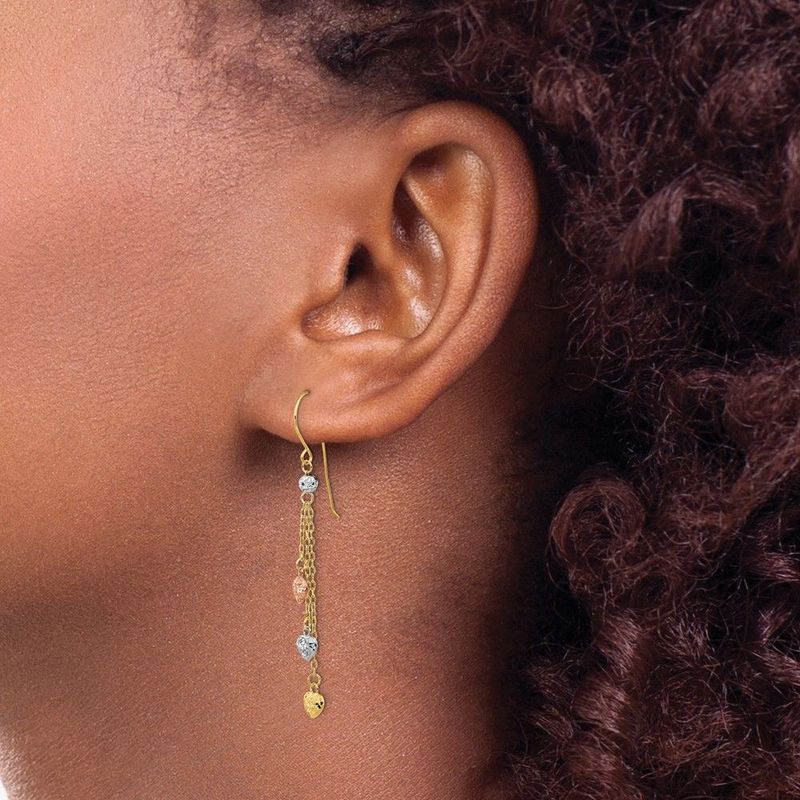 14k Tri-color D/C Triple Heart Dangle Shepherd Hook Earrings_voghion.com