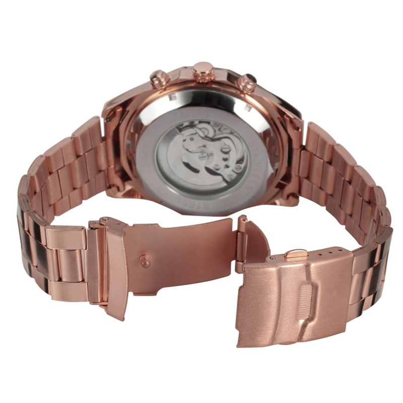 Forsining 340 Men's Automatic Mechanical Watch With Golden Stainless Steel Band, Chronograph & World Time Function, 46mm Round Case_voghion.com
