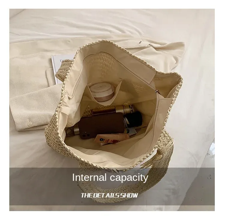 Elegante borsa da donna in paglia intrecciata, da spiaggia, per le vacanze, per il pendolarismo, casual, con manico superiore, alla moda, retrò, a tracolla, 2024_voghion.com