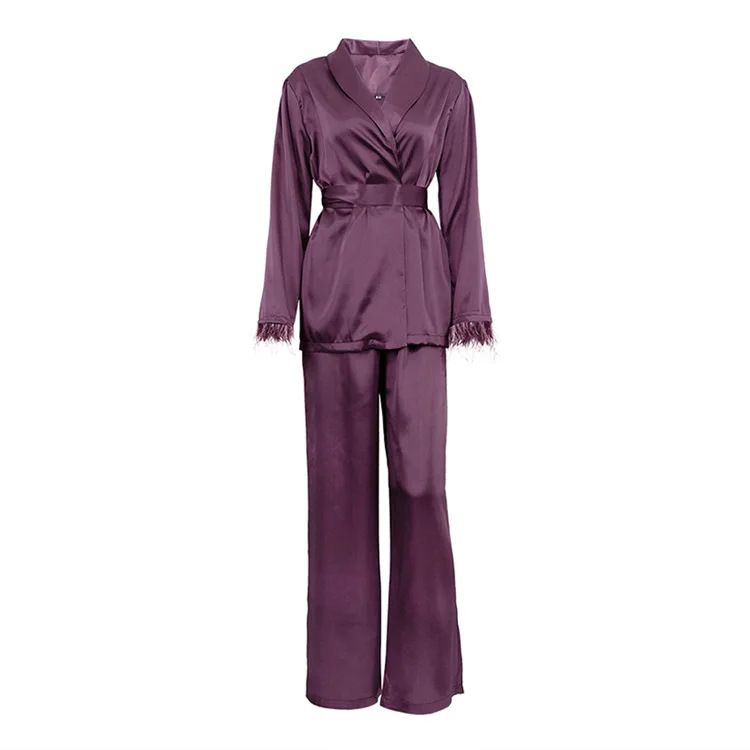 Abbigliamento da donna Autunno Casual Lazy Suit Piuma Manica lunga Lacci Raso Due pezzi Suit_voghion.com