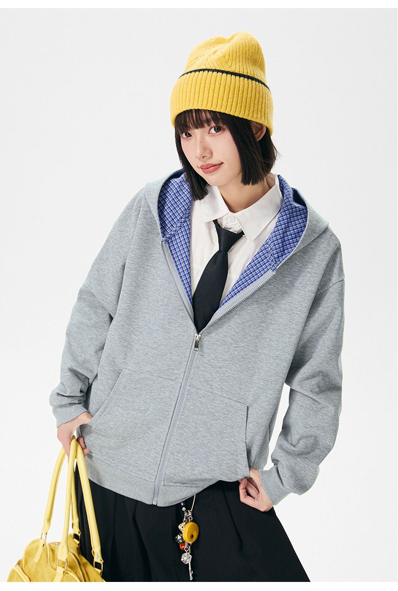 Felpa unisex con cappuccio e cerniera a quadri vintage - Pullover casual oversize per uomo e donna_voghion.com