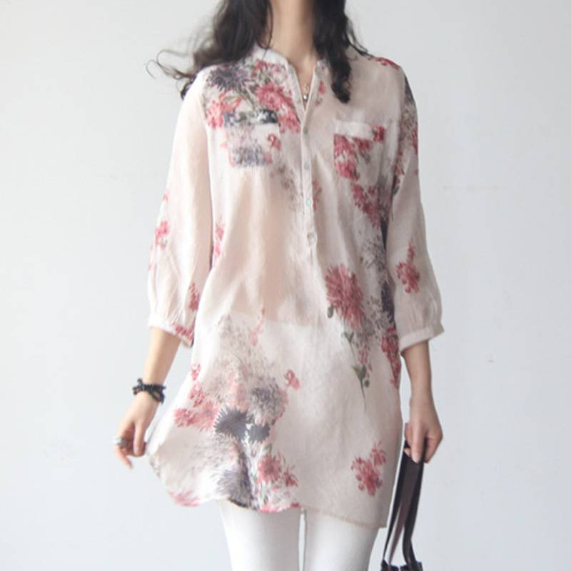 Camicia da donna in cotone e lino floreale sciolta con maniche a tre quarti medie e lunghe, abbigliamento letterario da donna_voghion.com