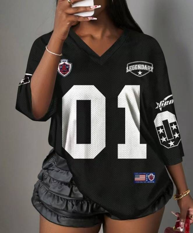 Maglietta oversize alla moda con scollo a V e maniche corte per donna - Stampa digitale alla moda, confortevole misto poliestere e spandex, moda streetwear_voghion.com