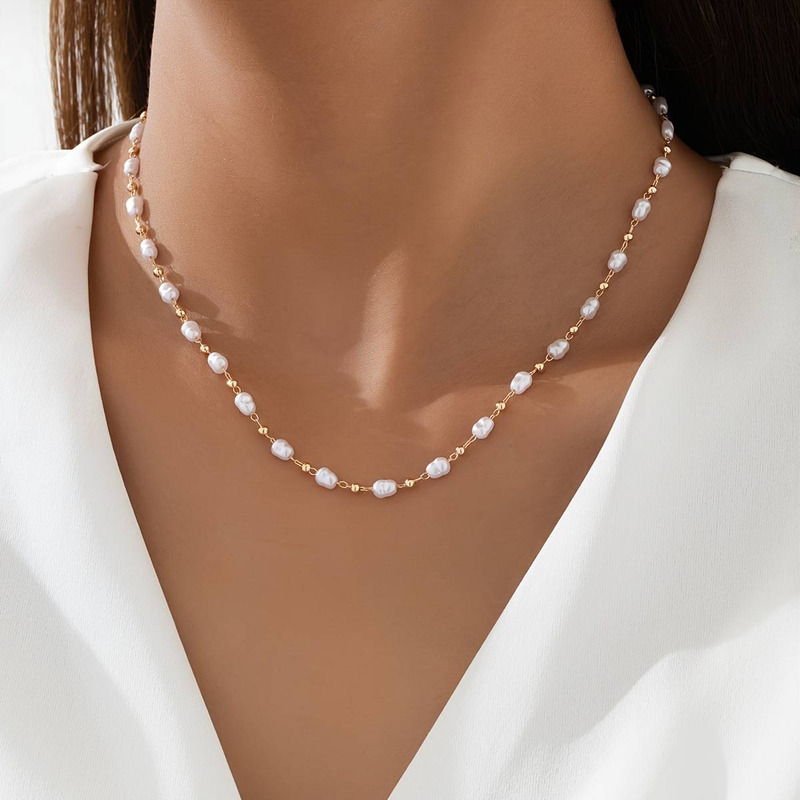 Hot Selling Eenvoudige Retro Lichte Luxe Stijl Modieuze En Elegante Parel Gouden Kralen Sleutelbeen Ketting Dames Sieraden_voghion.com