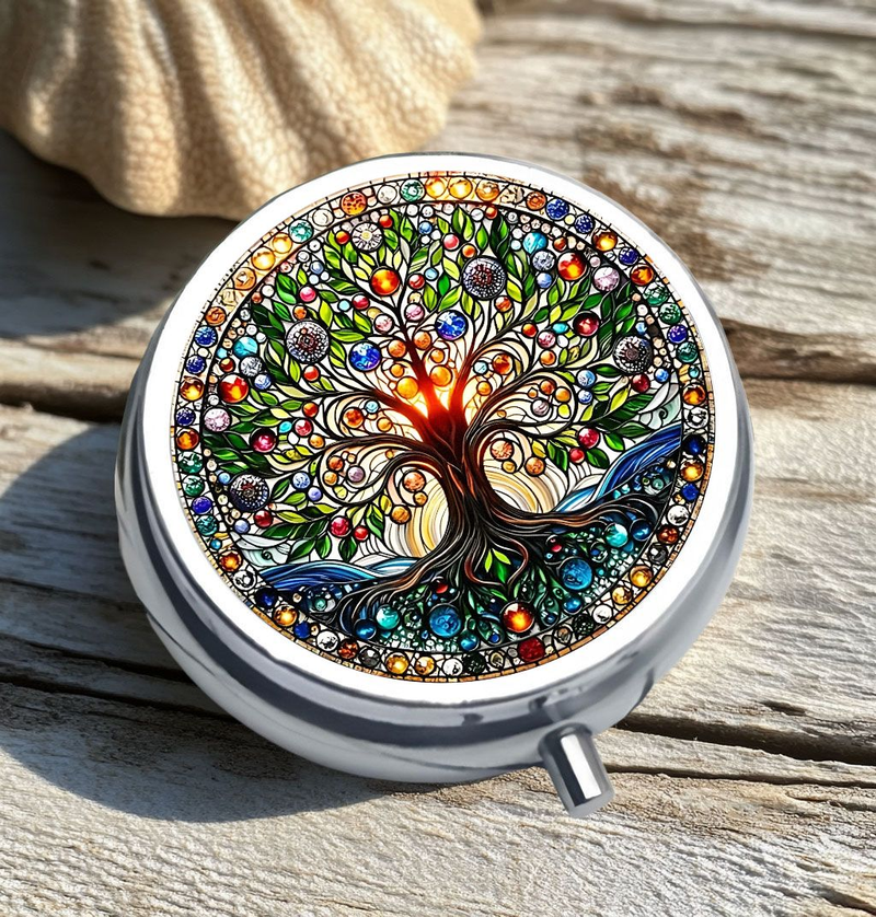 1pc "Money Tree" Mini Round Pill Box With 3 Compartments, Portable Metal Storage Organizer For Travel, Pockets & Purses - Unique Party Gift_voghion.com