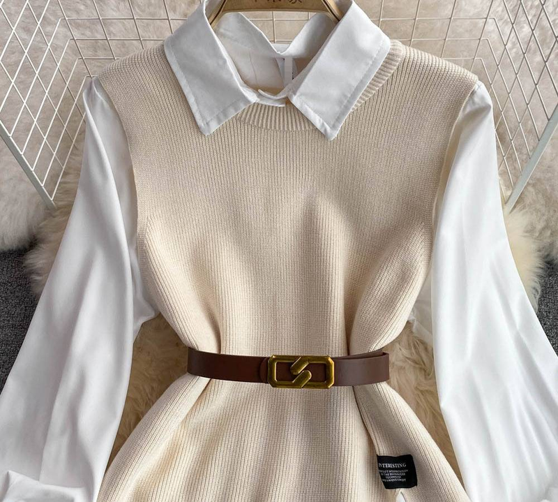 K Long-sleeved Suit With White Shirt, Sweater, Waistcoat, Age-reducing Loose Knitted Vest, Two-piece Set For Women_voghion.com