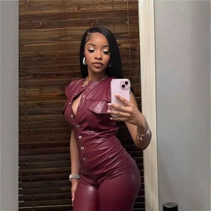 Women's PU Leather Sleeveless Jumpsuit – Slim-Fit High-Waisted Romper With Belt Detail (Crimson, S-2XL)_voghion.com