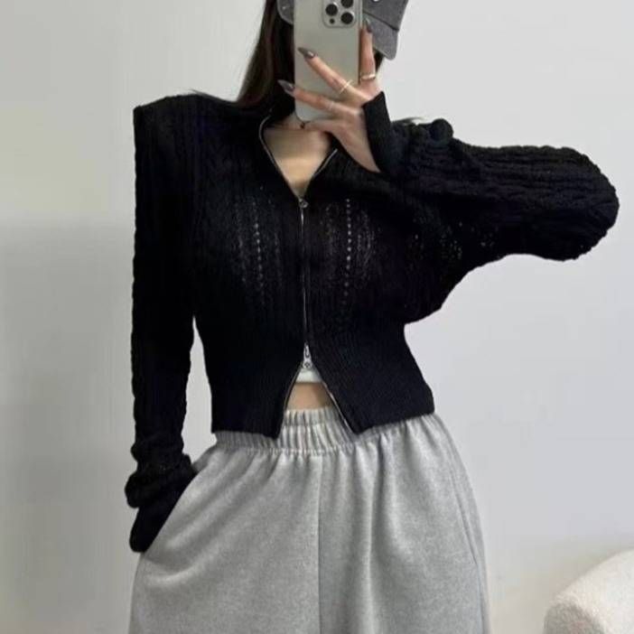 Cardigan a coste con cerniera di ispirazione coreana – Giacca corta in maglia da donna (collo alto, spalline, taglia unica)_voghion.com