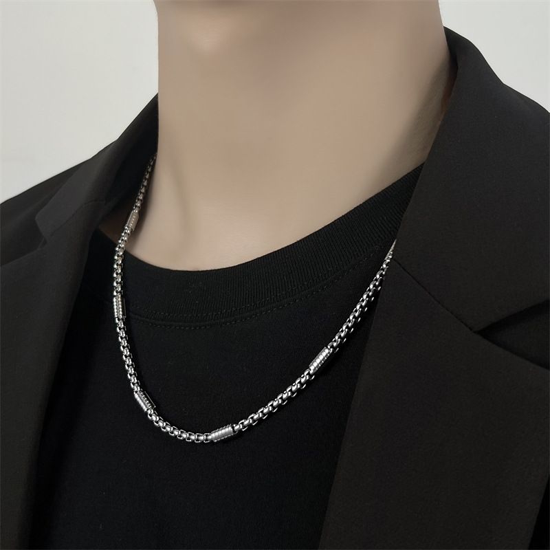 European And American Simple Square Pearl Cylinder Titanium Steel Boys Simple Necklace Trend Personality Hip Hop Whip Chain Does Not Fade_voghion.com