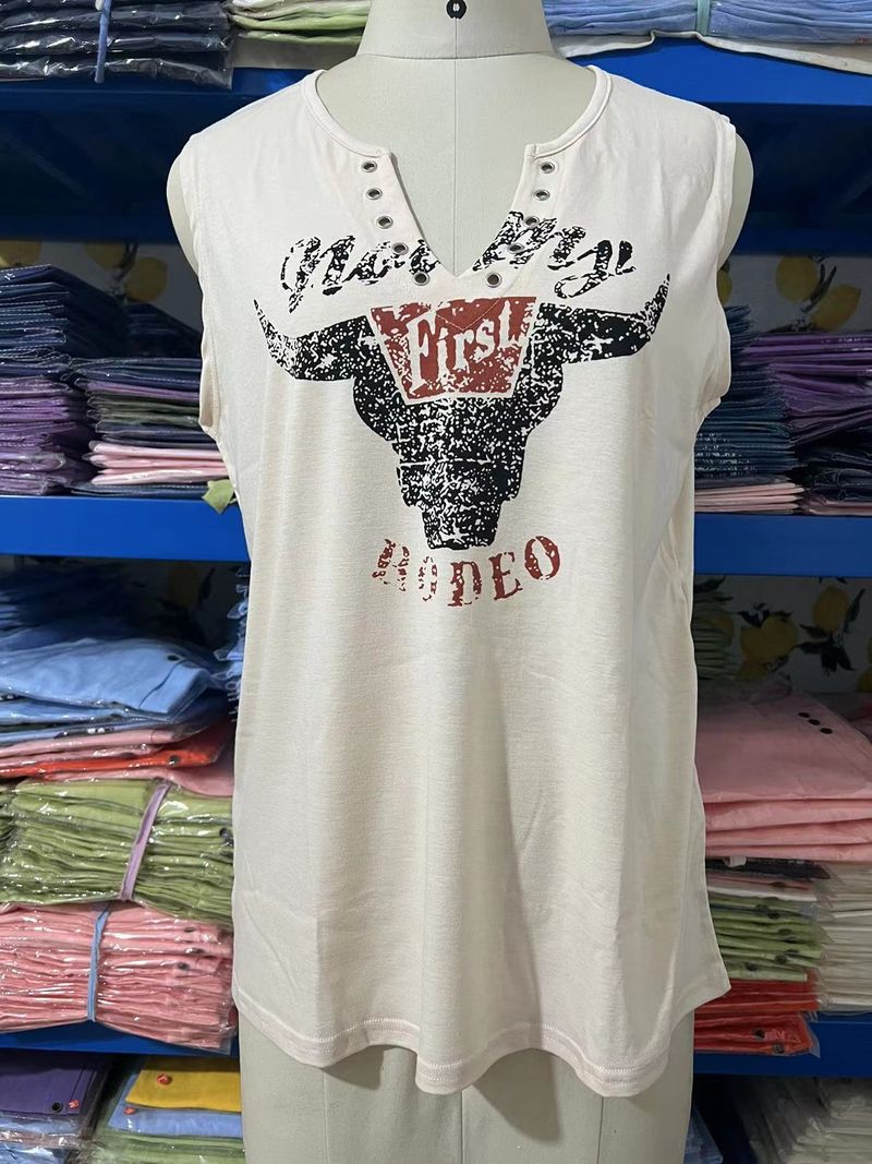 Women's clothing trade women's small vest hot-selling interesting letter printing fashion V-neck sleeveless T-shirt_voghion.com