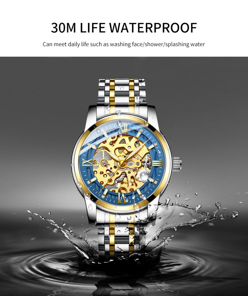 BIDEN Orologio meccanico classico di lusso con quadrante in diamanti, lancette luminose, orologio automatico scheletrato in oro da uomo, cinturino in acciaio inossidabile_voghion.com