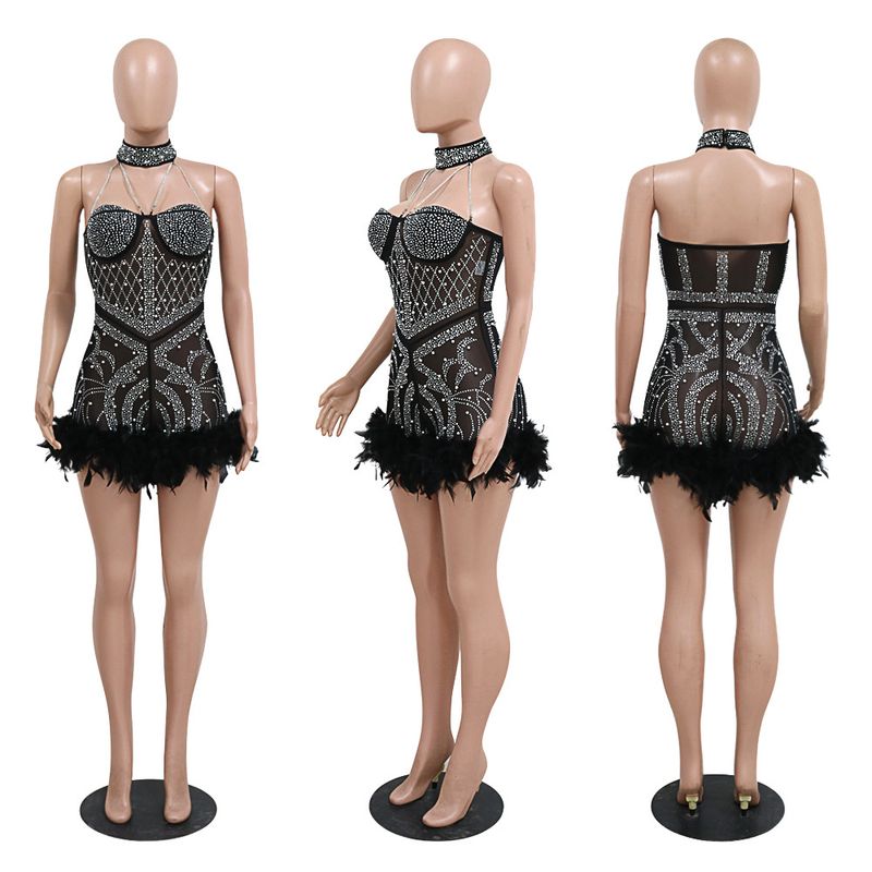 Dameskleding diamanten veren jumpsuit Europese en Amerikaanse mode sexy banketfeest supershorts voor dames_voghion.com