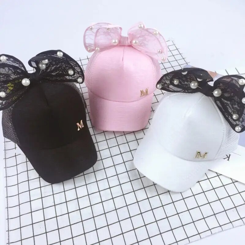 Carino Mesh Primavera Estate Bambini Berretto da baseball Ragazze Snapback Berretti Hip Hop Orecchio di coniglio Perla Grande fiocco Cappello da sole per bambini_voghion.com