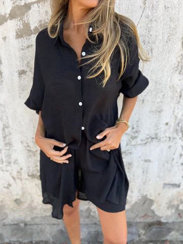 Conjunto de duas peças feminino casual de algodão e linho, cor sólida, manga comprida, camisa de tecido amassado, 2025_voghion.com