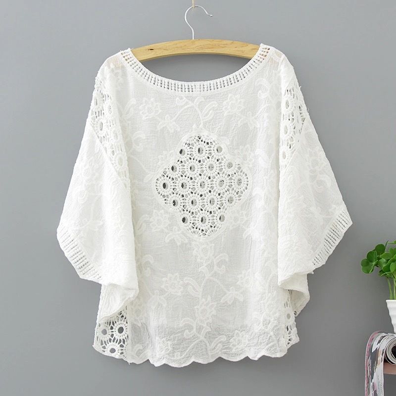 Dames Nieuwe Stijl Retro Holle Kanten Shirt Vrouwelijke Losse Zonbescherming Kleding Dames Katoenen Tops Dames_voghion.com