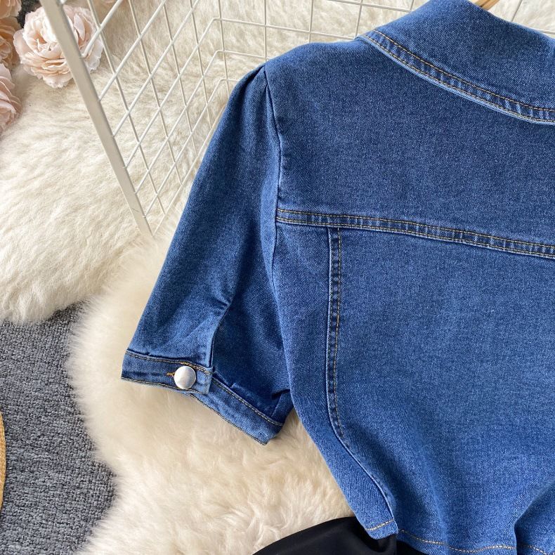 Women's Clothing 2024 early spring new short-sleeved denim design contrast color stitching zipper slimming the age-reducing dress_voghion.com
