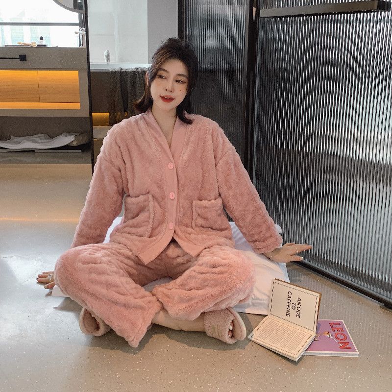 Flannel women's autumn and winter pajamas with thick flannel, double long two-piece set, wind-driven warm home clothes_voghion.com