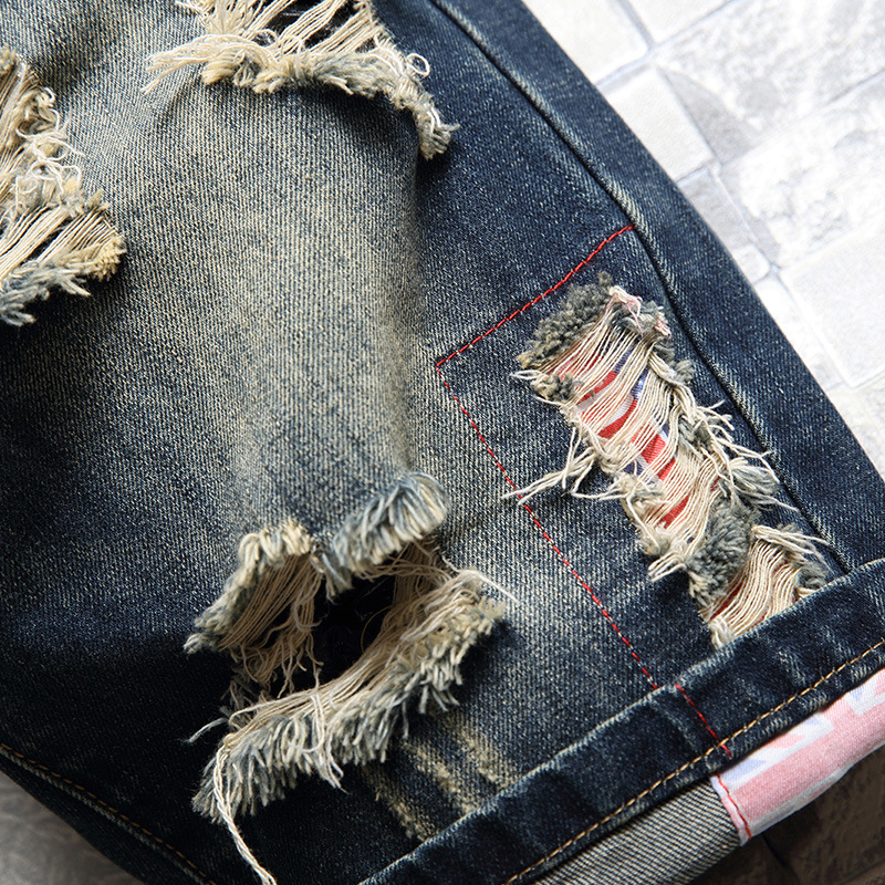 Herren-Jeans-Shorts, Retro-zerrissene, schmale, verkürzte Herren-Patch-Hose_voghion.com