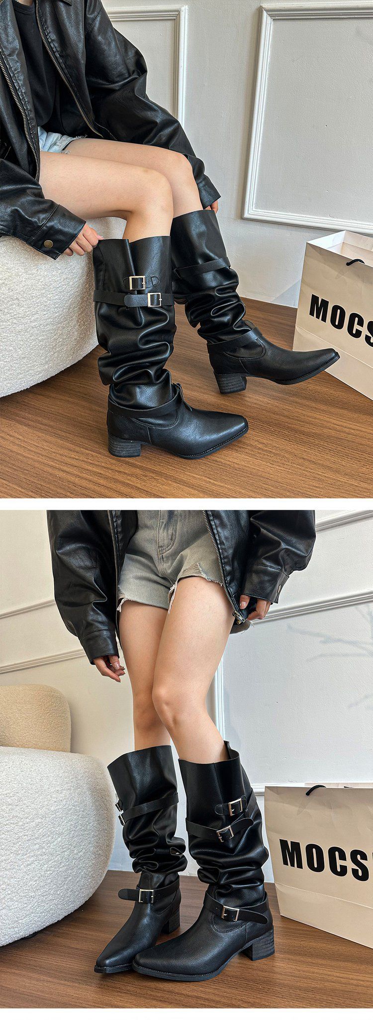 Schwarze kniehohe Stiefel mit dickem Absatz, Reitstiefel mit weitem Bein_voghion.com