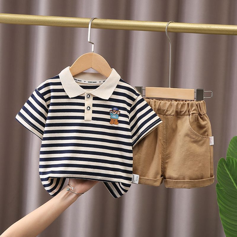 Suit 2024 Summer New Children and Boys Fashion Short sleeved Striped Polo Shirt Two piece Set Trendy_voghion.com