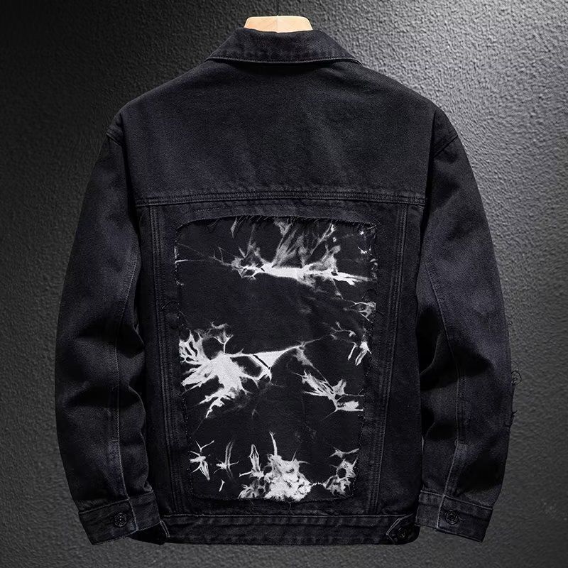 High Street Denim Jacket Häre Kleeder Fréijoer an Hierscht Neie Motorrad Lightning Splicing Jacket Schwaarz Trendy Mark_voghion.com