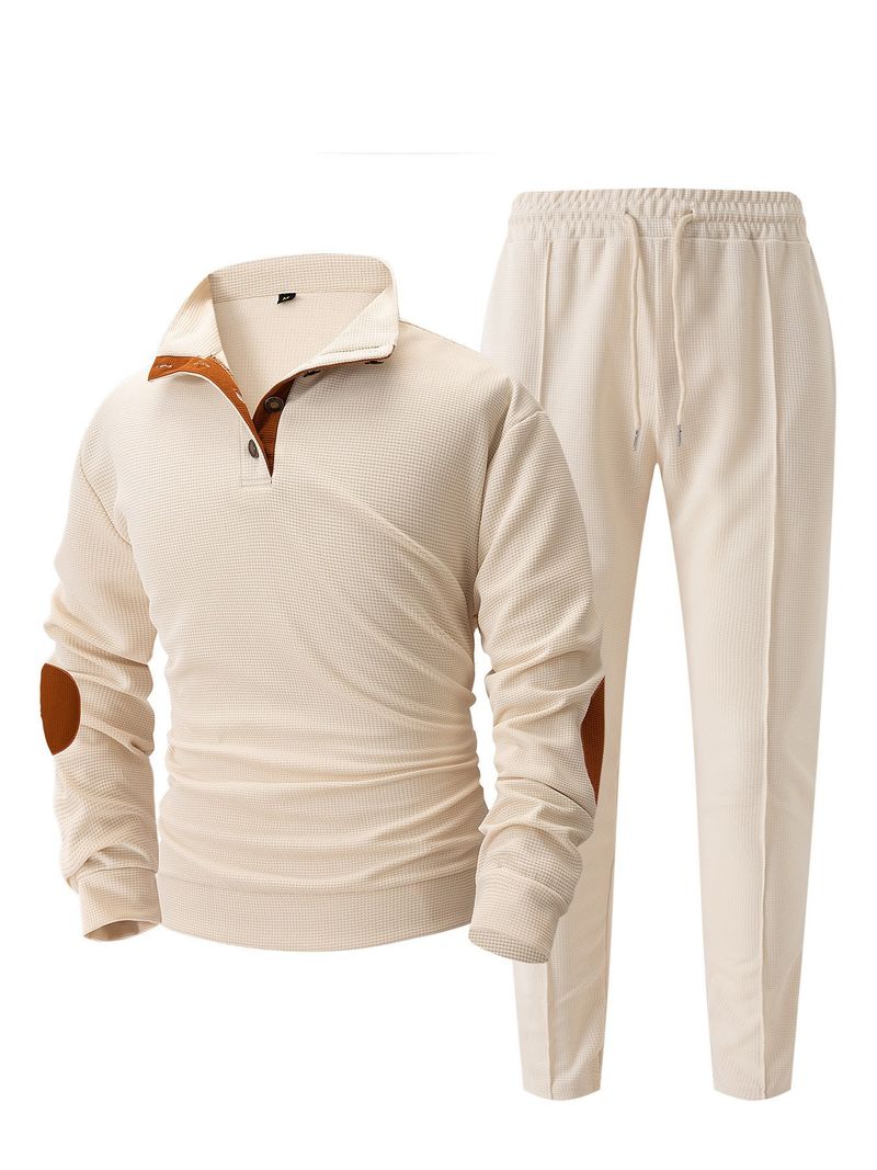 Traje de sudadera de manga larga con cuello alto y botones, coderas y pantalones de estilo americano para hombre, otoño_voghion.com