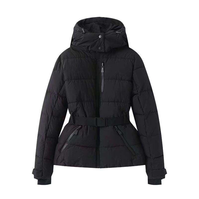 Women's Clothing Women's Stylish Ski-Inspired Hooded Down Jacket With Waist Cinching - Winter Warm Padded Coat In Black/Checkered/Silver/Blue Floral_voghion.com