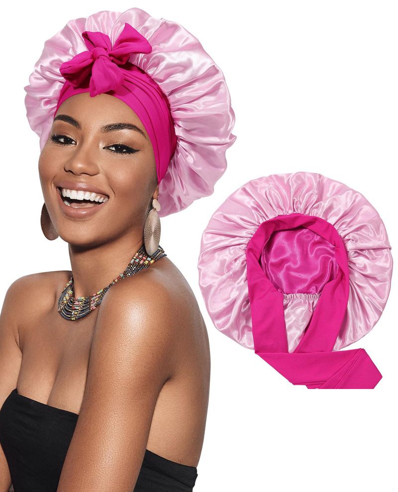 Cura e acconciatura dei capelli Cappello rotondo con fiocco in raso a doppio strato Cappello di seta per la cura dei capelli Cappello a tesa larga Cappello da notte per donna_voghion.com