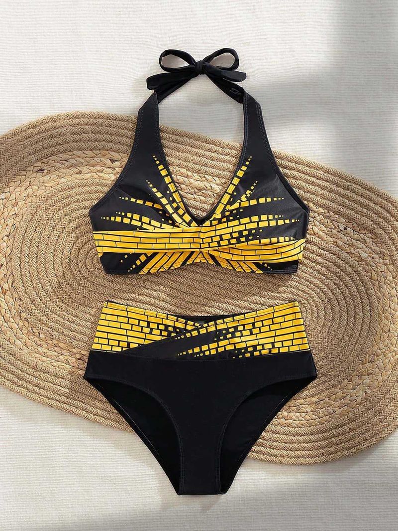 Bikini de cintura alta ajustado para mujer, estilo conservador, para natación, deportes de aguas termales y ocio._voghion.com
