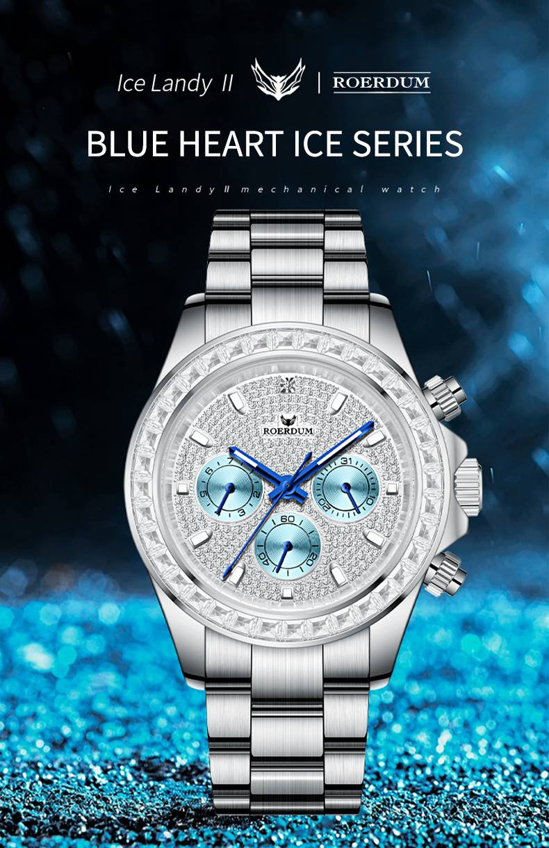 ROERDUM Blue Heart Ice Series II-Men's Tri-Chronograph Mechanical Watch- Stainless Steel Band, Silver Dial, Water Resistant, Minimalist Style_voghion.com